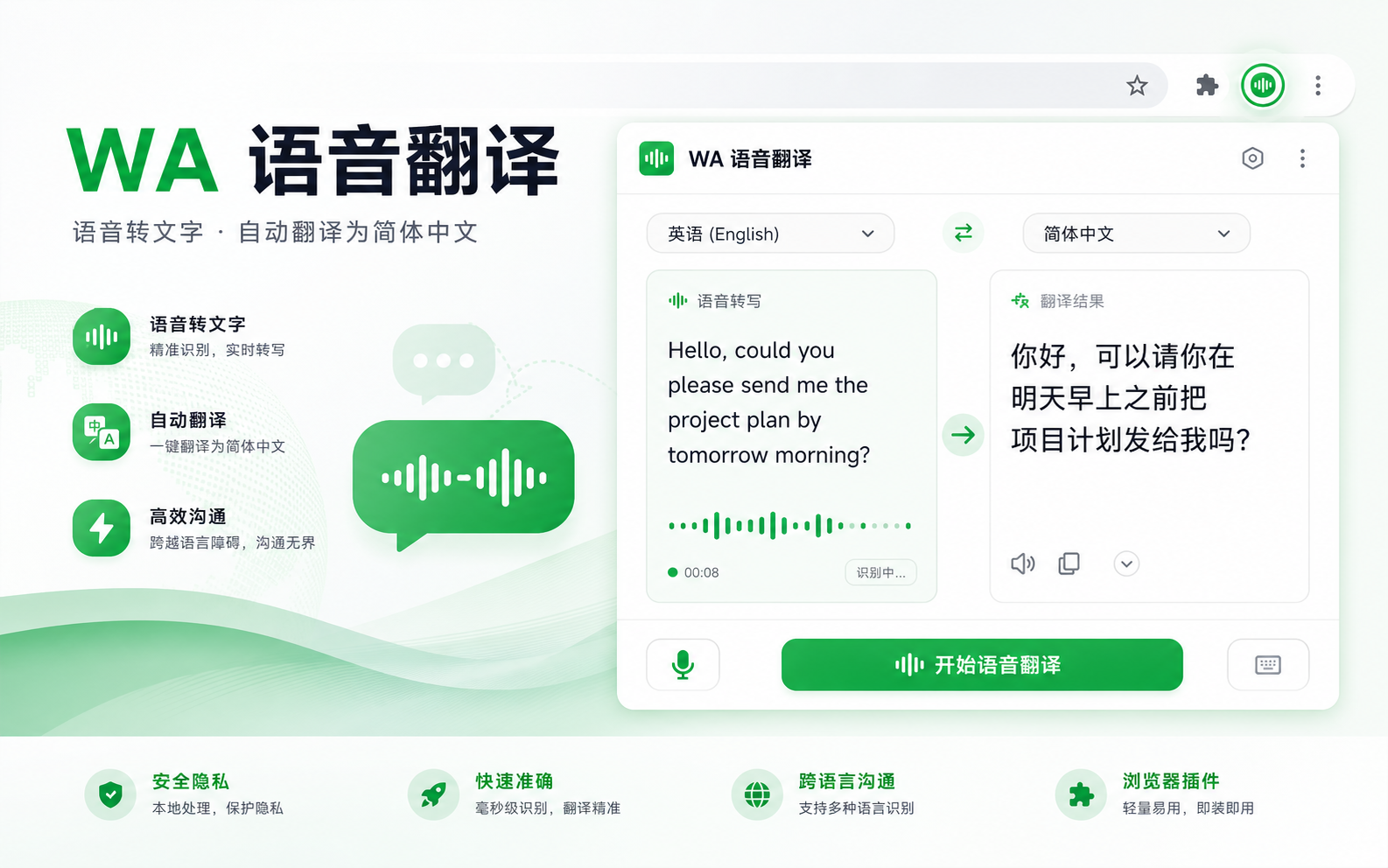 WhatsApp语音识别转文本翻译插件-Web网页版 插件界面与功能截图